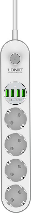Ldnio SE4432 Πολύπριζο Ασφαλείας 4 Θέσεων με 4 USB-A, Διακόπτη και Καλώδιο 2m SE4432