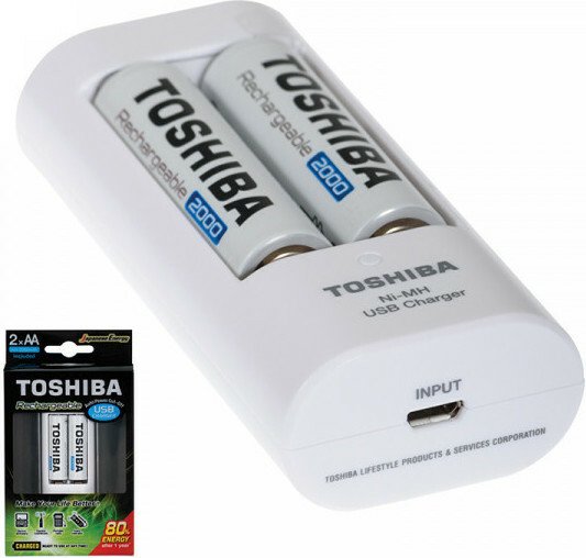 Toshiba USB Φορτιστής 2 Μπαταριών Ni-MH Μεγέθους AA/AAA Σετ με 2x AA 2000mAh σε Λευκό χρώμα