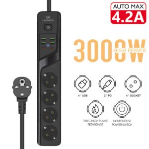 Leewello Πολύπριζο Ασφαλείας με 4 USB-A και 2 USB-C 783071-ΜΑΎΡΟ