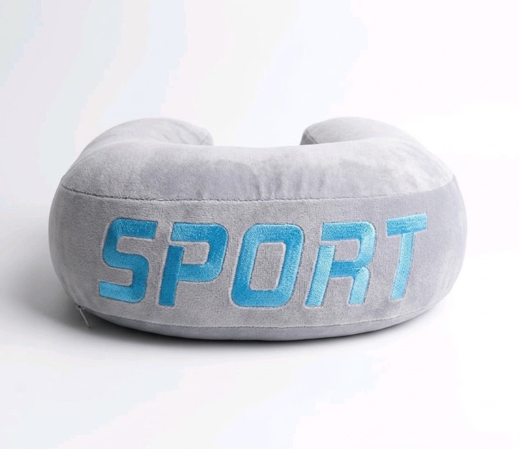 Ανατομικό Μαξιλάρι Ταξιδιού Αυχένα Memory Foam με Κέντημα "SPORT" Ανοιχτό Γκρι
